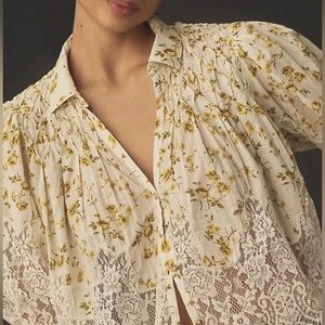 Anthropologie Victorian Style Smocked Floral Lace Blouse S
